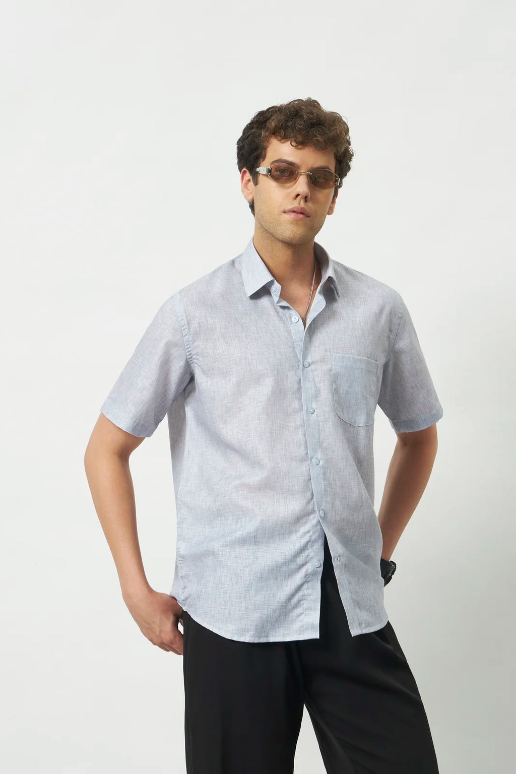 Relaxed Fit Linen Rose Half Sleeve Shirt | Light Grey