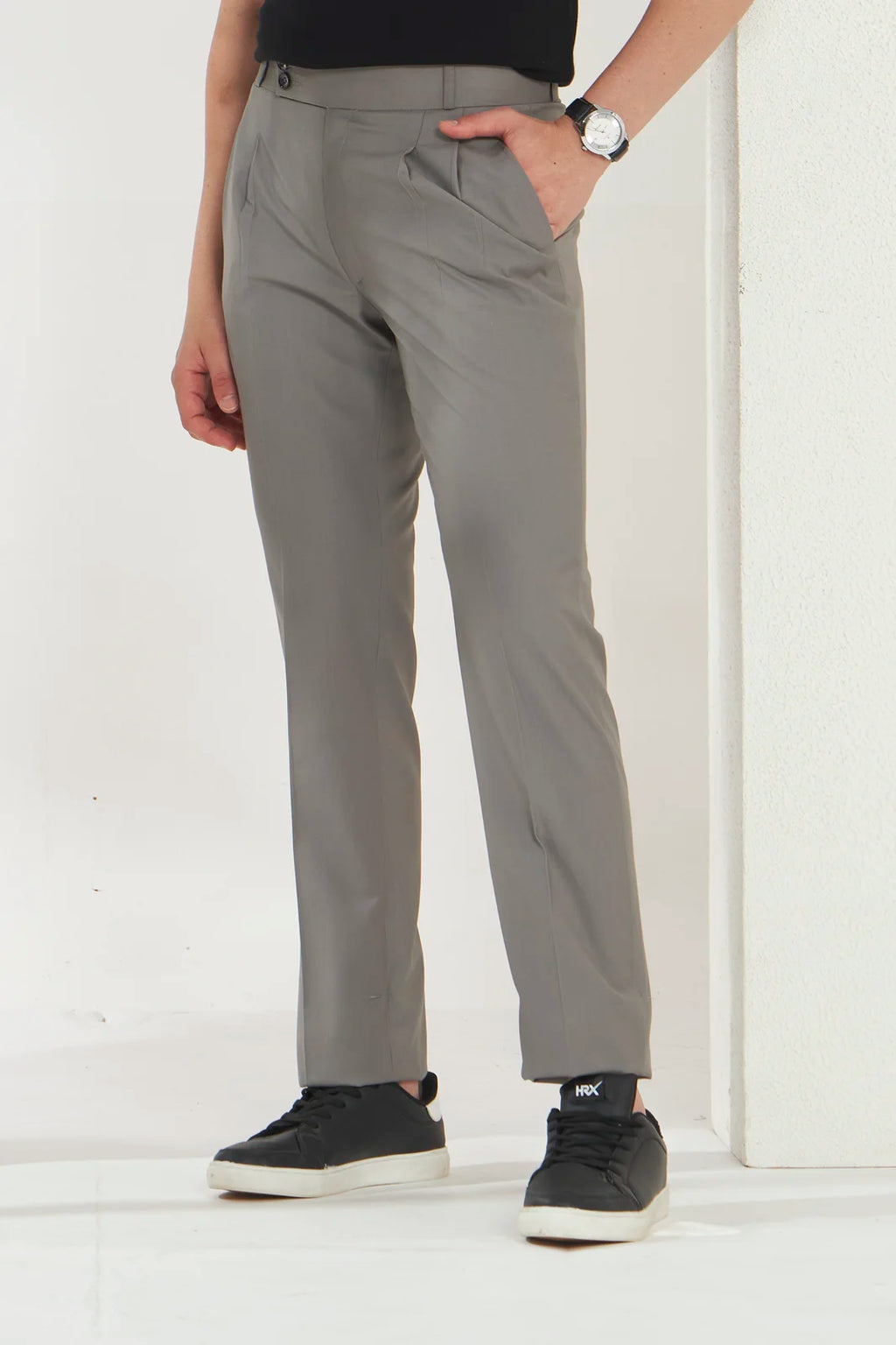 Pleated Tailored Fit Terry-Rayon Trousers | Light Grey