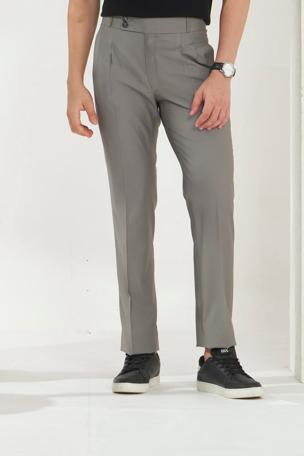 Pleated Tailored Fit Terry-Rayon Trousers | Light Grey