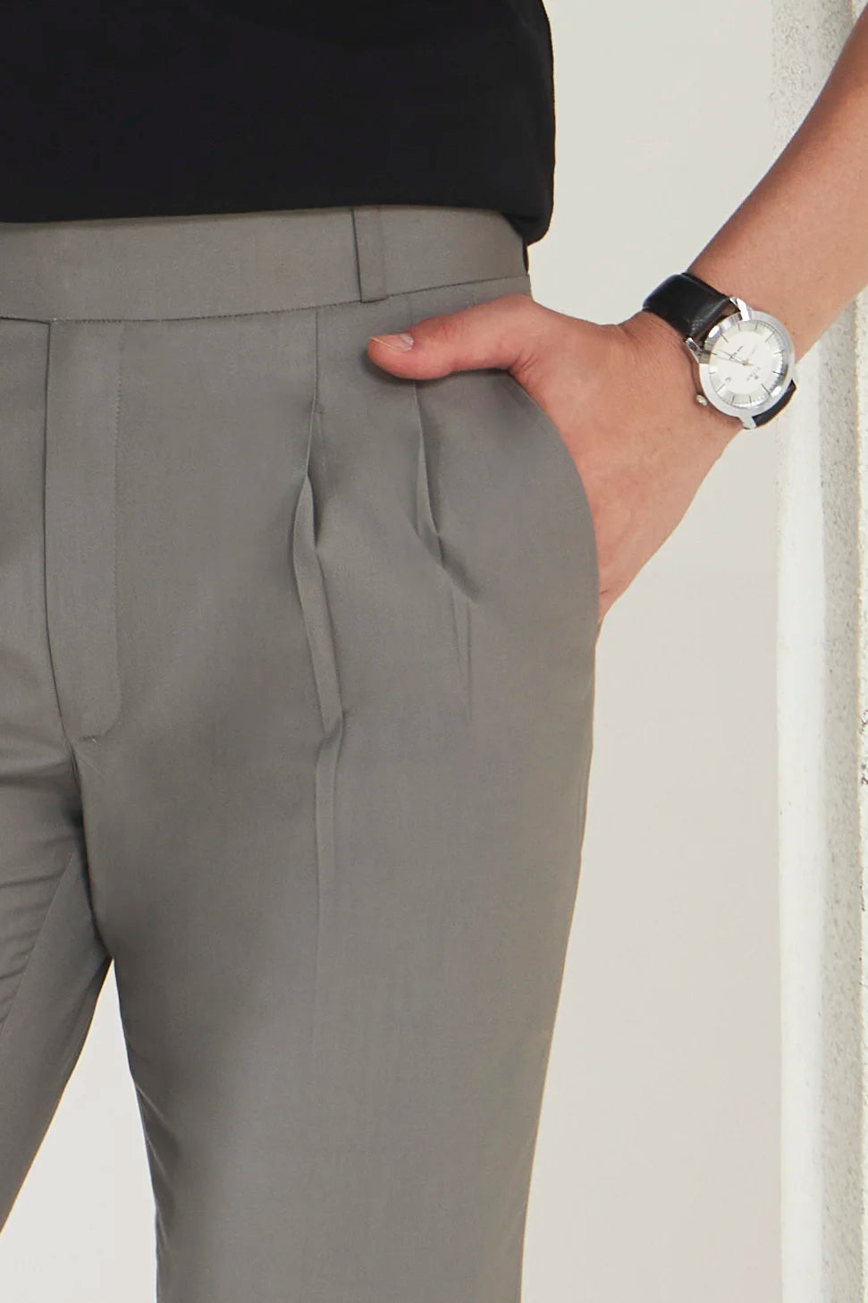 Pleated Tailored Fit Terry-Rayon Trousers | Light Grey