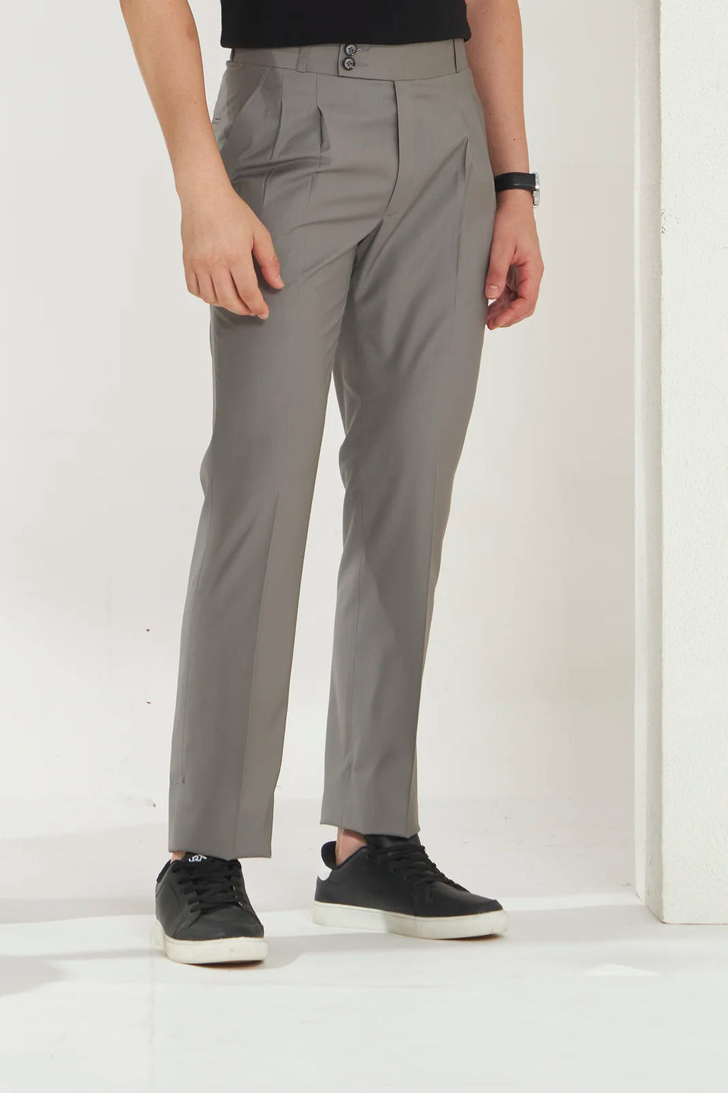 Pleated Tailored Fit Terry-Rayon Trousers | Light Grey