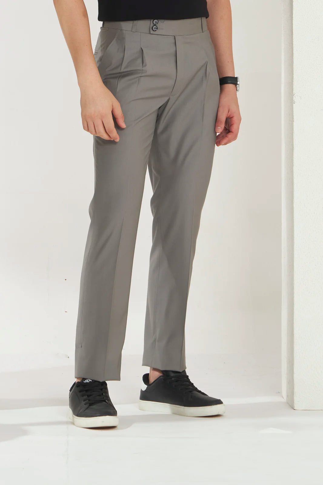 Pleated Tailored Fit Terry-Rayon Trousers | Light Grey