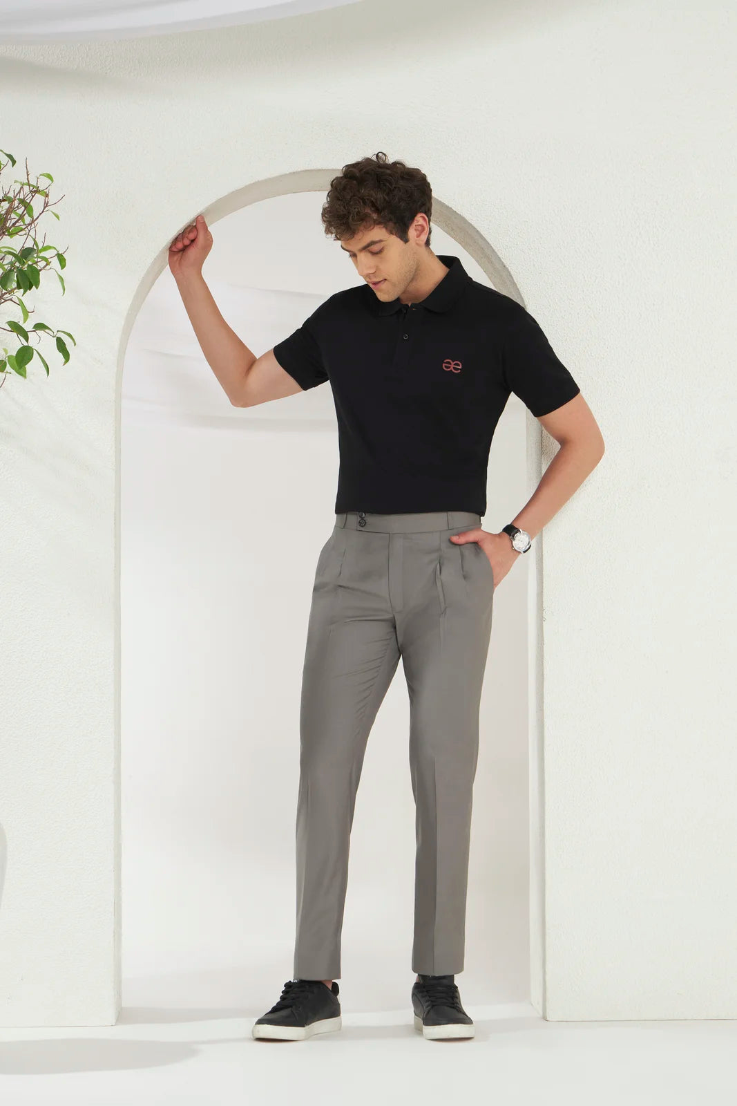 Pleated Tailored Fit Terry-Rayon Trousers | Light Grey
