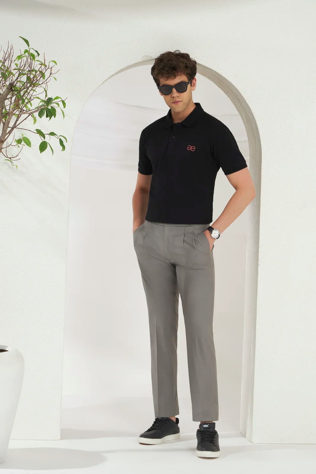 Pleated Tailored Fit Terry-Rayon Trousers | Light Grey