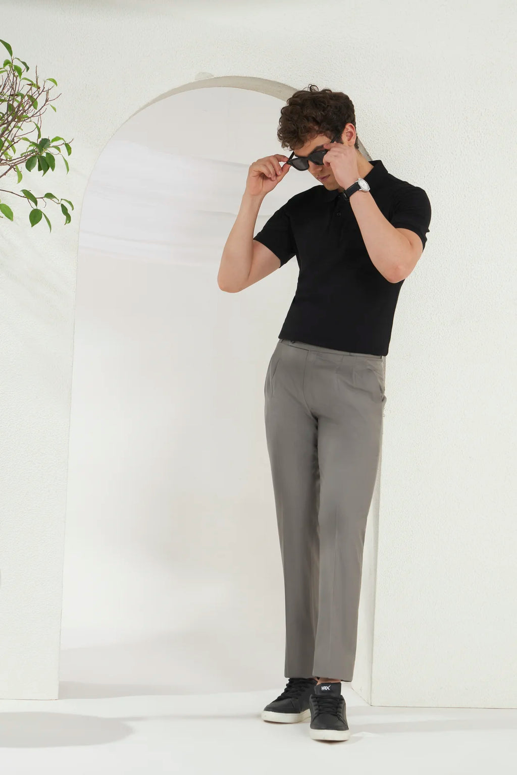 Pleated Tailored Fit Terry-Rayon Trousers | Light Grey