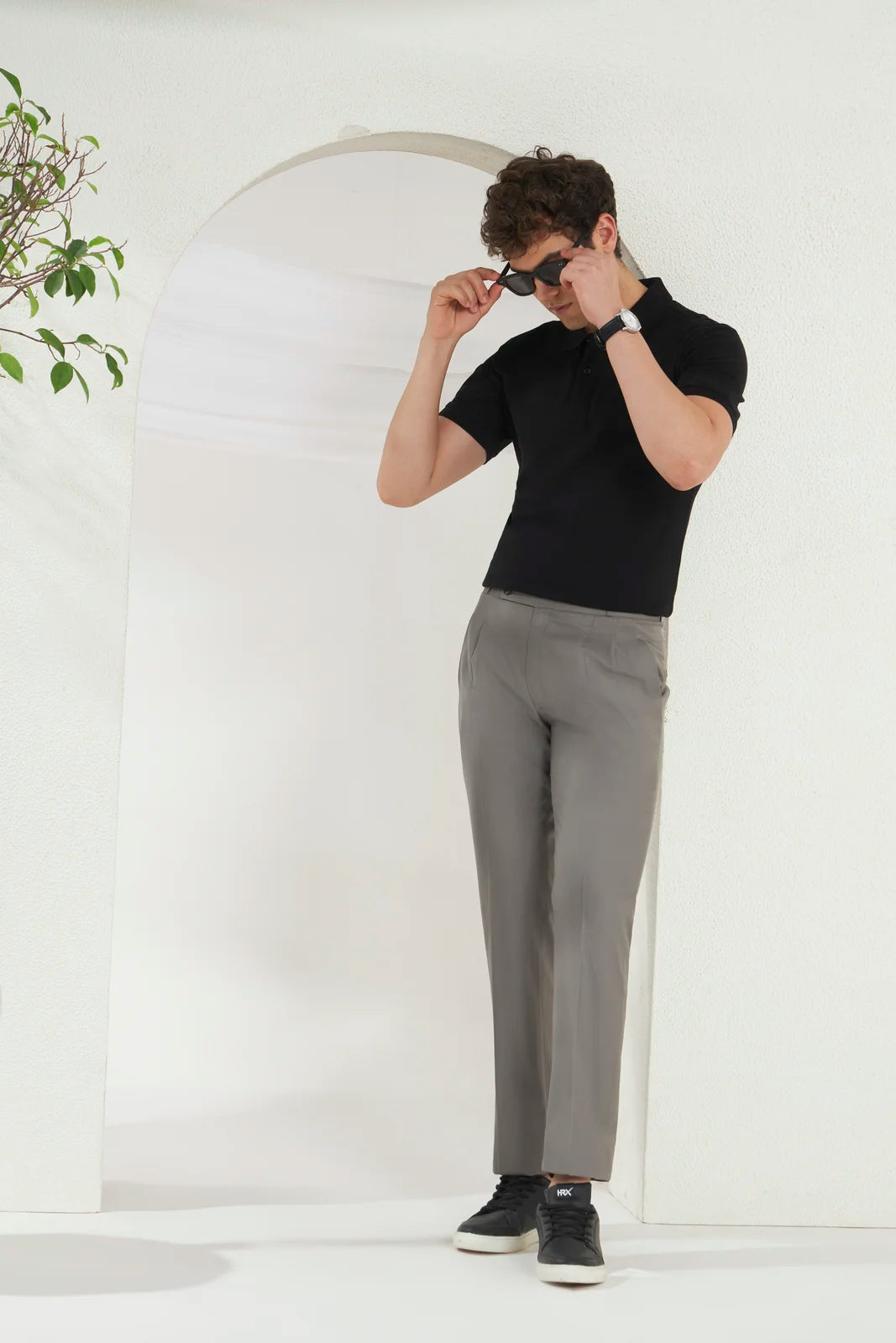 Pleated Tailored Fit Terry-Rayon Trousers | Light Grey