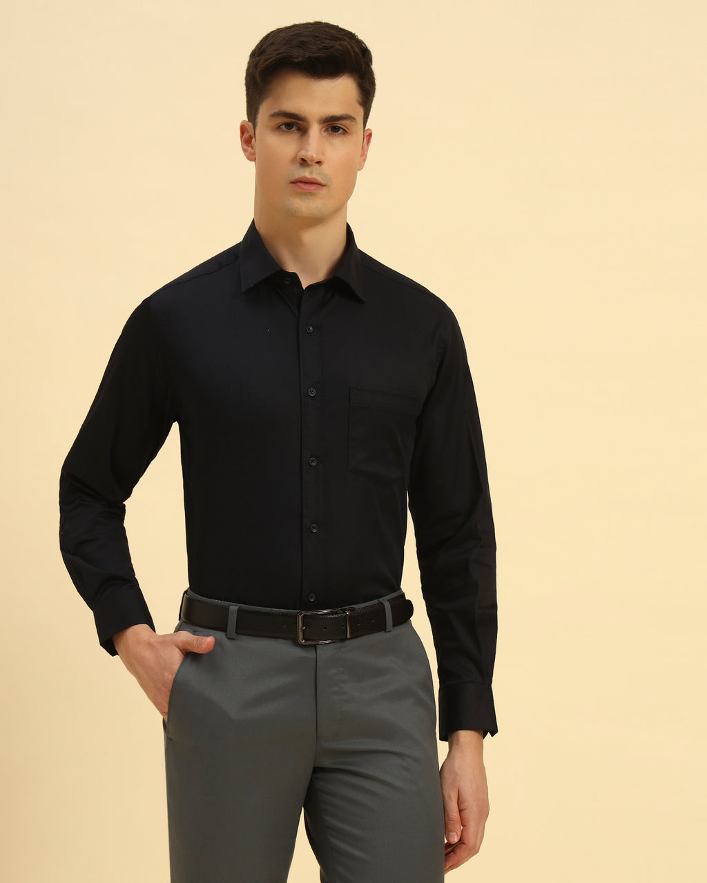 Three-quarter profile of the Men's Navy Blue Aeternum Stretch Blend Shirt highlighting the refined button-down construction.