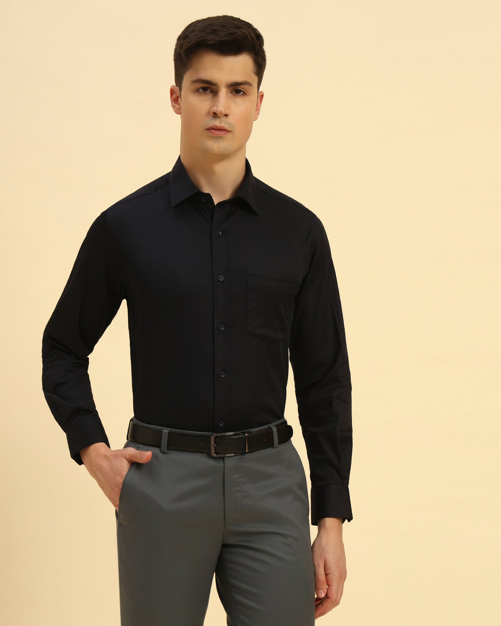 Three-quarter profile of the Men's Navy Blue Aeternum Stretch Blend Shirt highlighting the refined button-down construction.