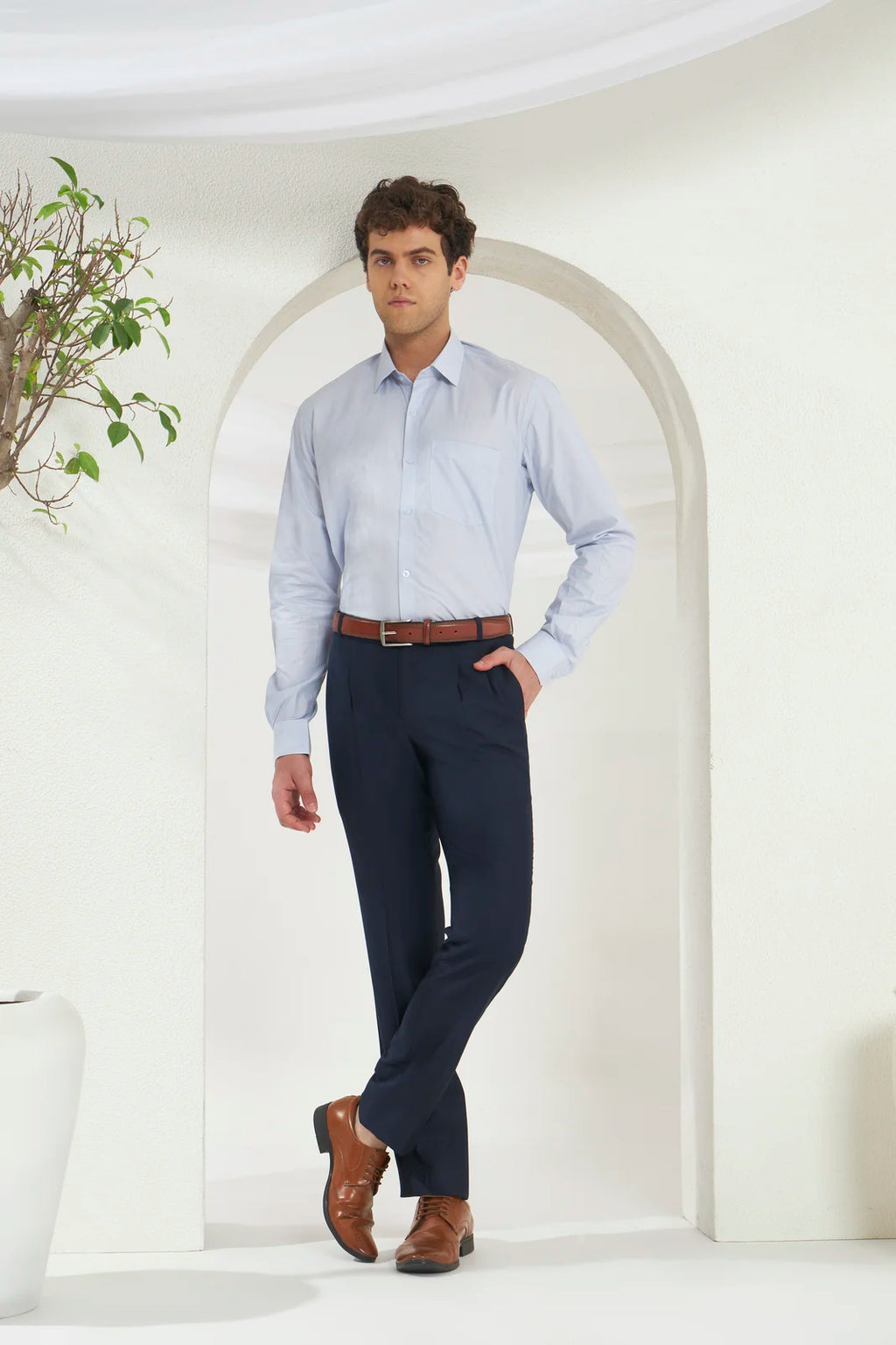 Pleated Tailored Fit Terry-Rayon Trousers | Navy Blue