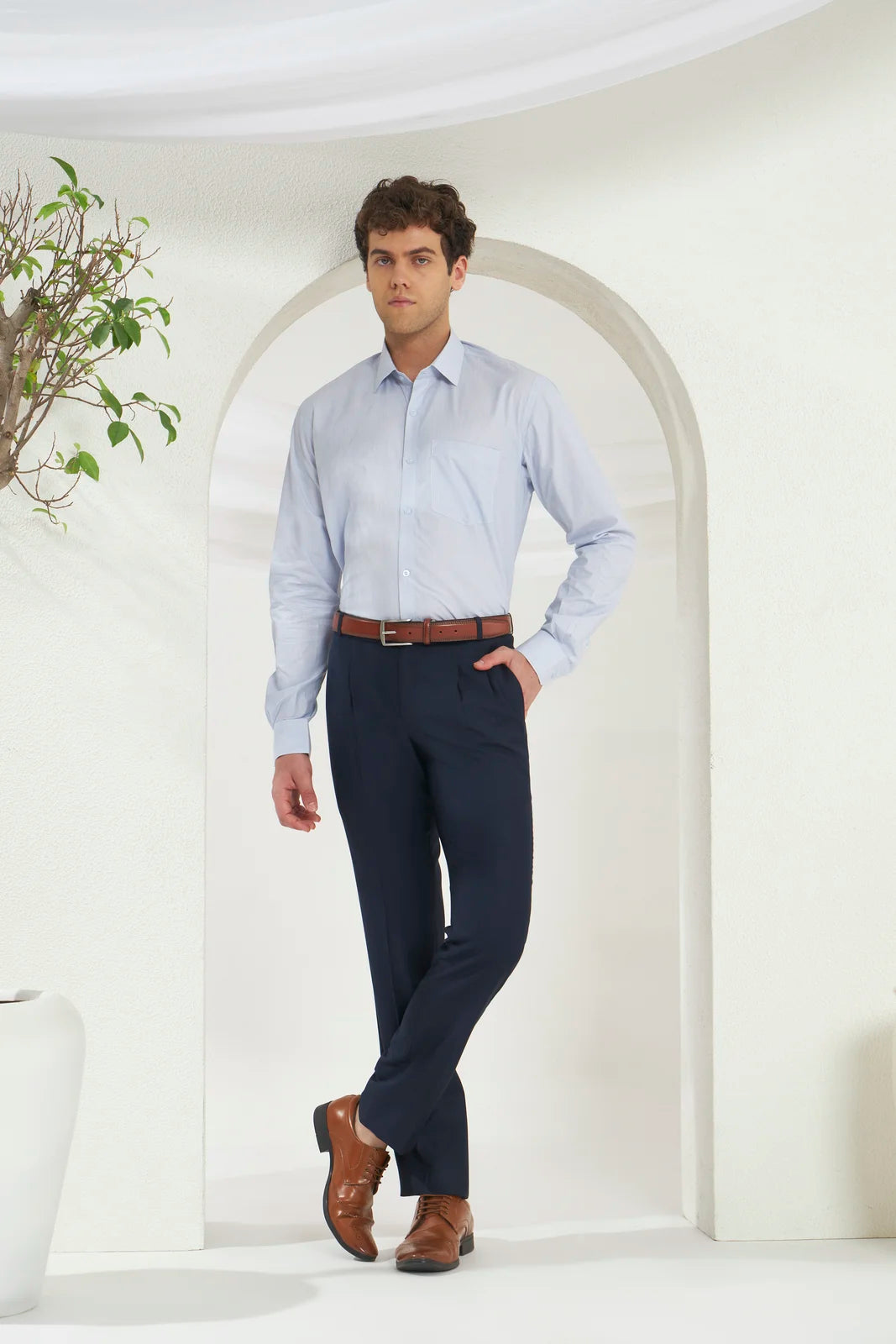 Pleated Tailored Fit Terry-Rayon Trousers | Navy Blue