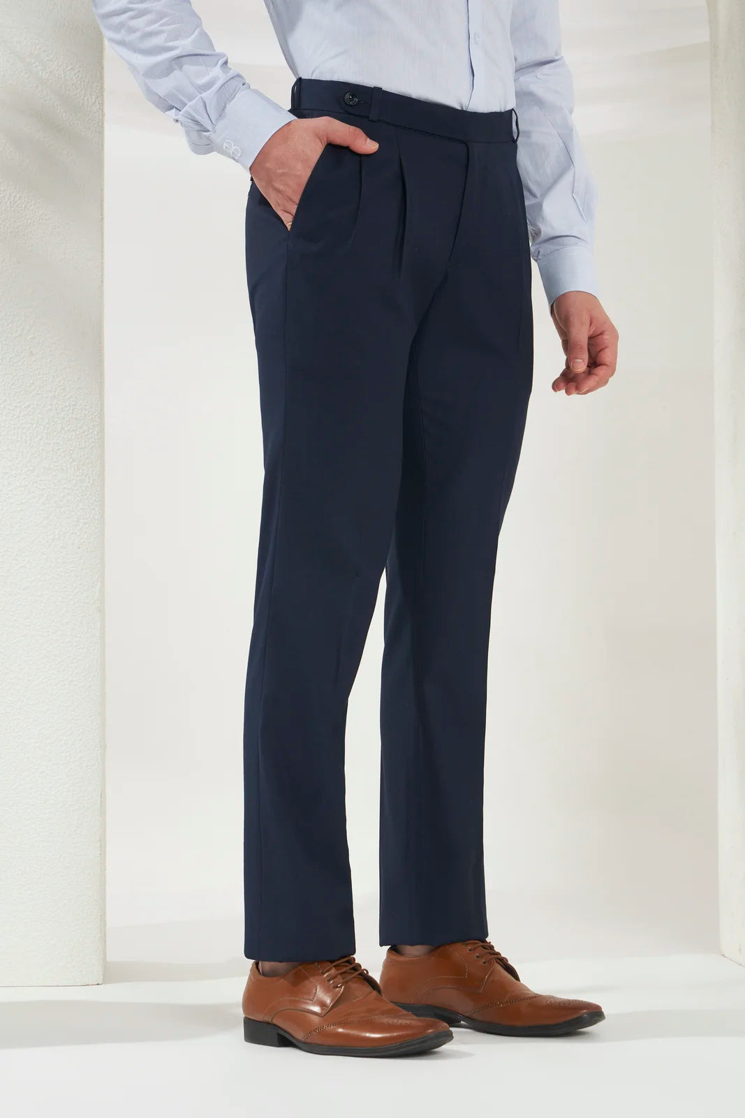 Pleated Tailored Fit Terry-Rayon Trousers | Navy Blue
