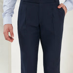 Pleated Tailored Fit Terry-Rayon Trousers | Navy Blue