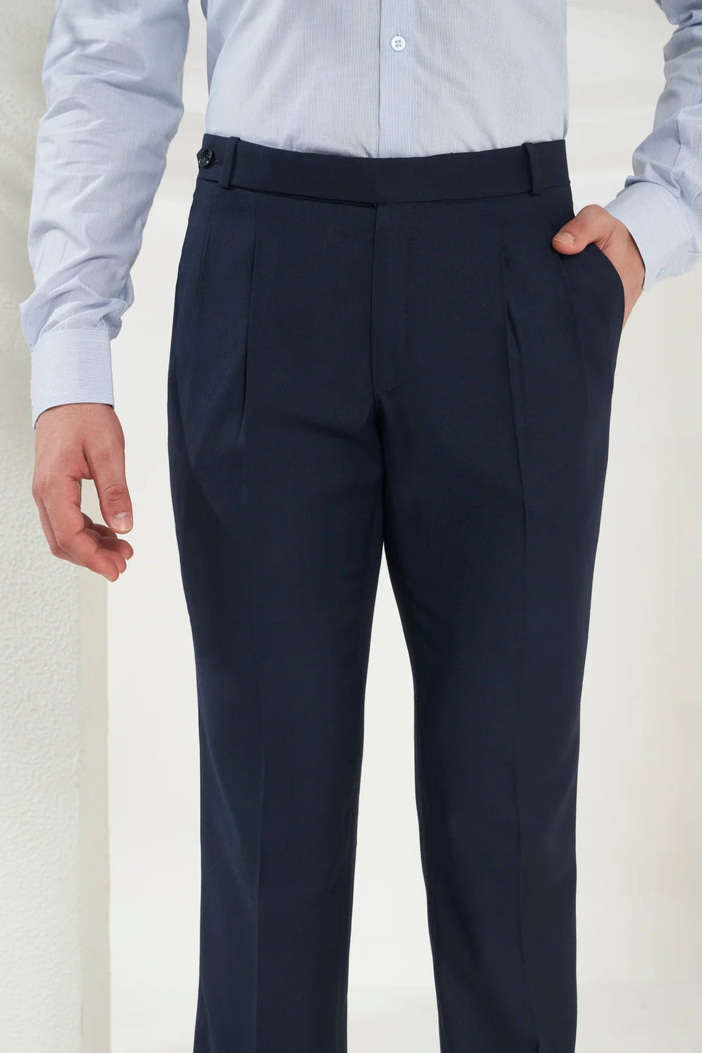 Pleated Tailored Fit Terry-Rayon Trousers | Navy Blue