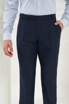 Pleated Tailored Fit Terry-Rayon Trousers | Navy Blue