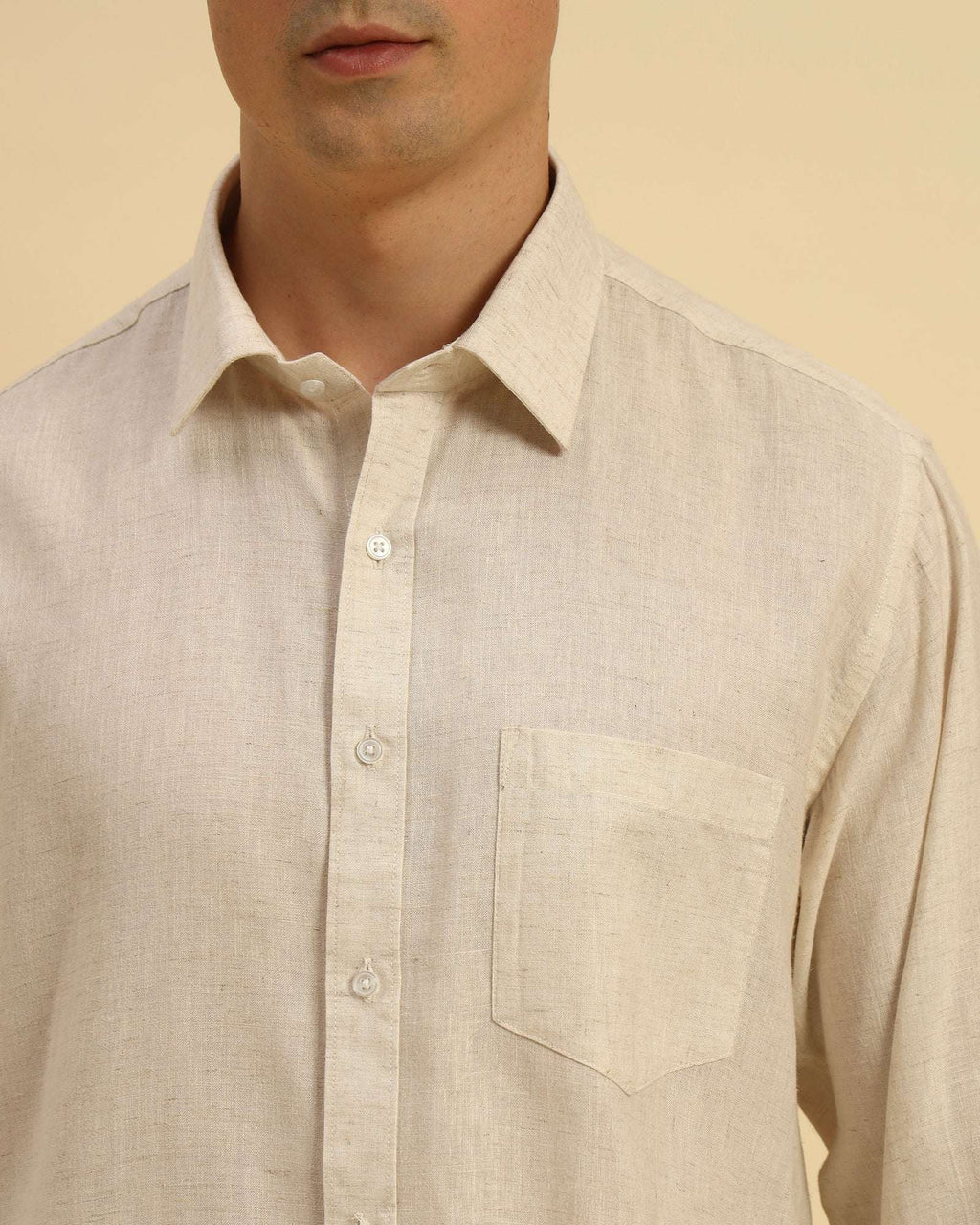 Close-up of the pointed collar and premium Salerno cotton-linen blend texture on the Aeternum Men's Beige Shirt.