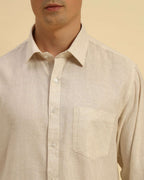 Close-up of the pointed collar and premium Salerno cotton-linen blend texture on the Aeternum Men's Beige Shirt.