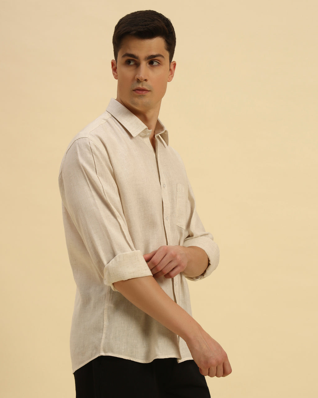 Aeternum Men's Relaxed Fit Salerno Cotton-Linen Shirt in Beige - Front view showing the clean button-down design and lightweight fabric