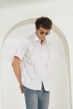 Relaxed Fit Heritage Print 100% Cotton Half Sleeve Shirt | Ivory Gold