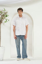 Relaxed Fit Heritage Print 100% Cotton Half Sleeve Shirt | Ivory Gold