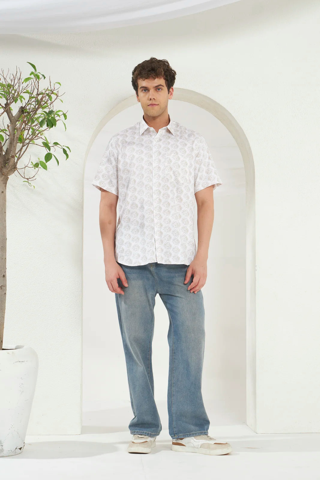 Relaxed Fit Heritage Print 100% Cotton Half Sleeve Shirt | Ivory Gold