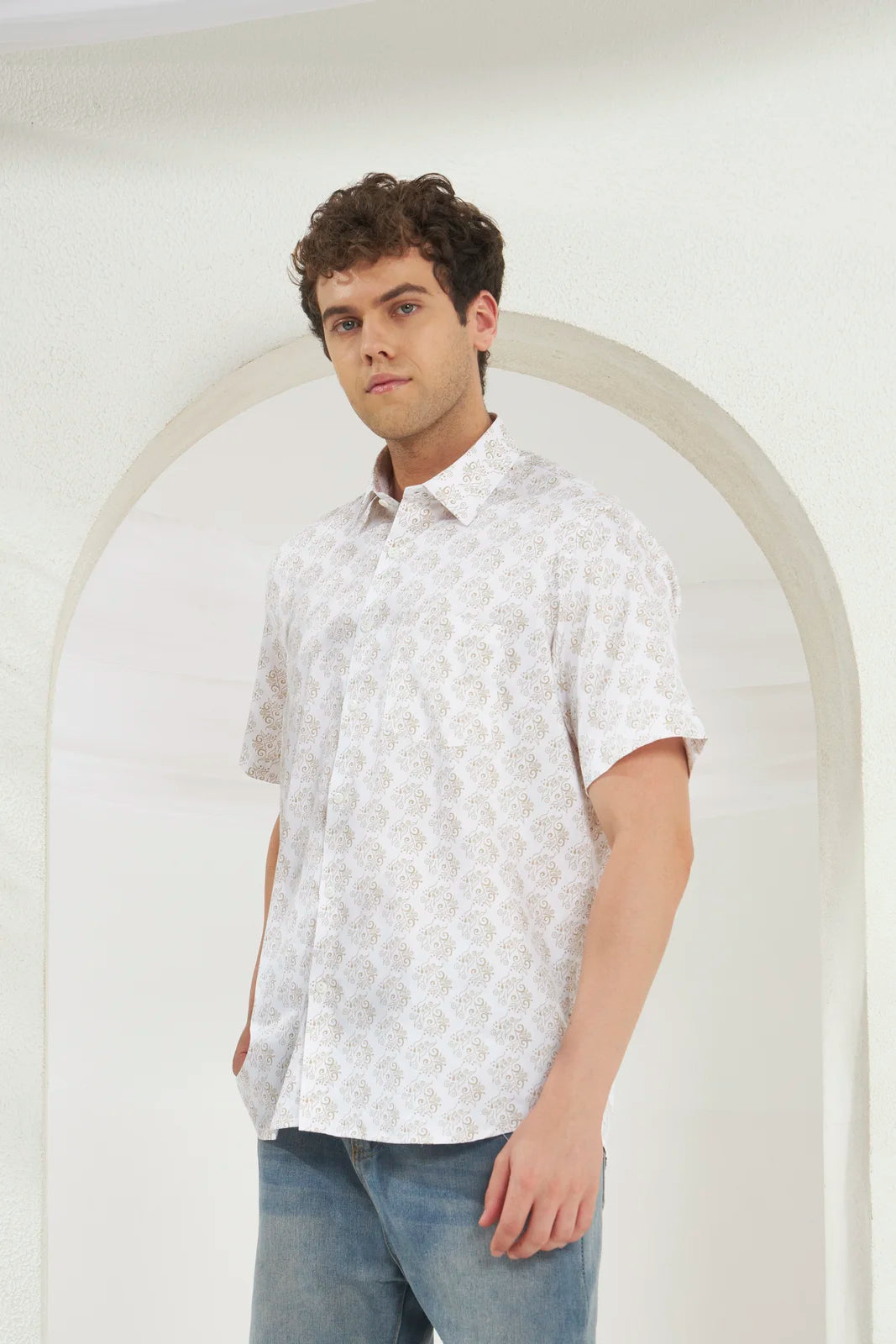 Relaxed Fit Heritage Print 100% Cotton Half Sleeve Shirt | Ivory Gold