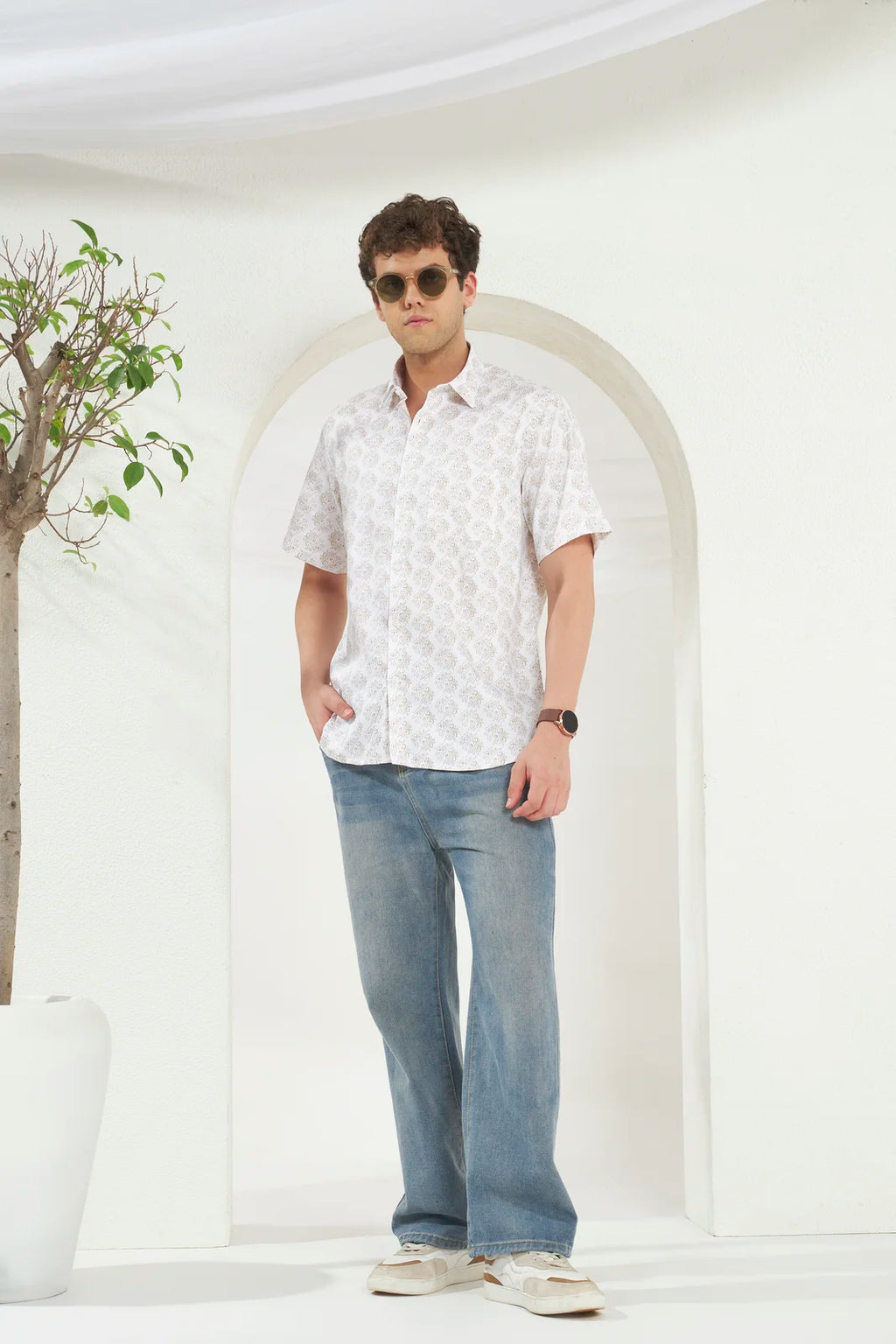 Relaxed Fit Heritage Print 100% Cotton Half Sleeve Shirt | Ivory Gold