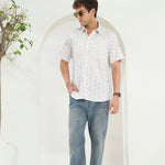 Relaxed Fit Heritage Print 100% Cotton Half Sleeve Shirt | Ivory Gold