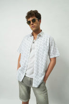Relaxed Fit Heritage Print 100% Cotton Half Sleeve Shirt | Ivory Green