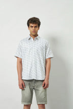 Relaxed Fit Heritage Print 100% Cotton Half Sleeve Shirt | Ivory Green