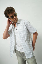 Relaxed Fit Heritage Print 100% Cotton Half Sleeve Shirt | Ivory Green