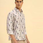 Three-quarter profile of the Men's Aeternum Printed Cotton-Viscose Shirt highlighting the relaxed tailored fit and lightweight drape