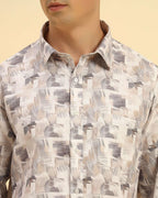 Close-up of the collar and premium fabric texture on the Aeternum Men's Printed French Cotton-Viscose Shirt.