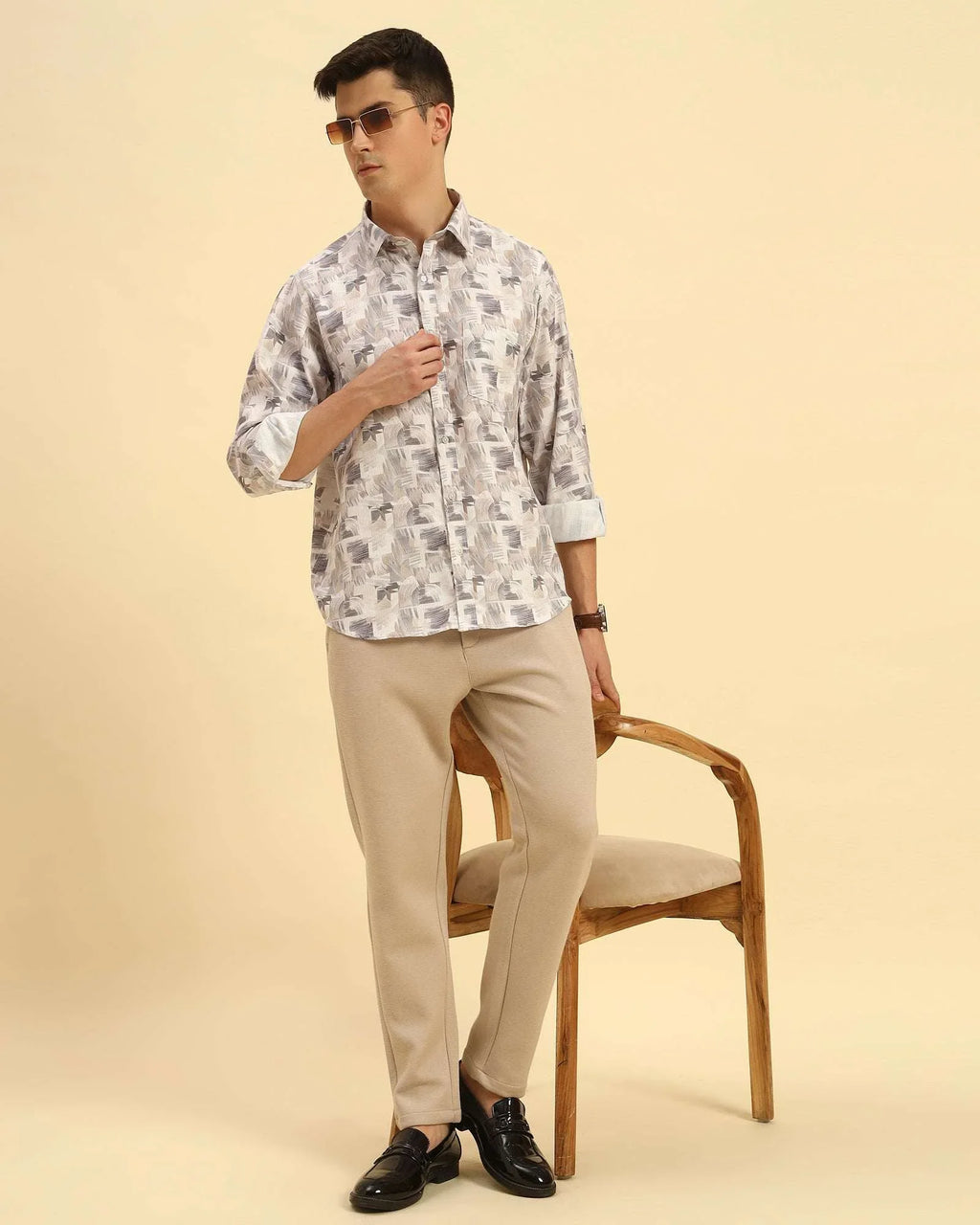 Lifestyle view of the Men's Aeternum Classic Fit Printed Shirt, showcasing the breathable cotton-viscose blend in a relaxed setting.