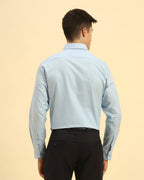 Back view of the Sky Blue Aeternum Men's Corded Cotton-Blend Shirt demonstrating the structured silhouette.
