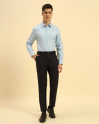 Full body view of the Aeternum Men's Sky Blue Corded Cotton-Blend Shirt styled for a clean, smart-casual look.