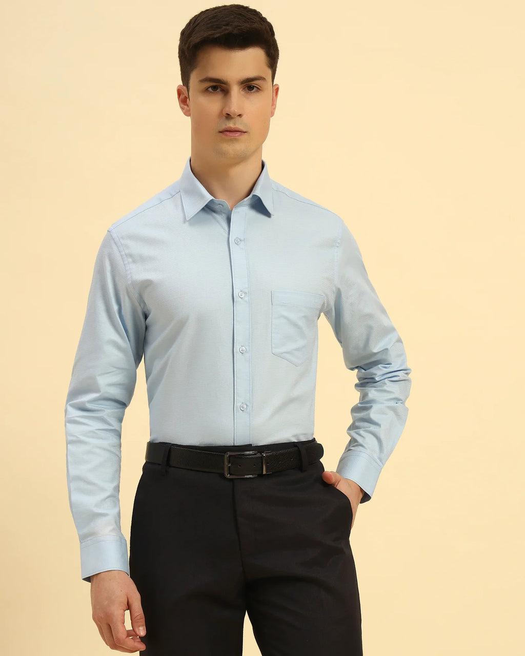 Aeternum Men's Classic Fit Corded Cotton-Blend Shirt in Sky Blue - Front view showing the crisp color and subtle corded texture.