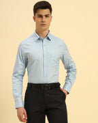 Aeternum Men's Classic Fit Corded Cotton-Blend Shirt in Sky Blue - Front view showing the crisp color and subtle corded texture.