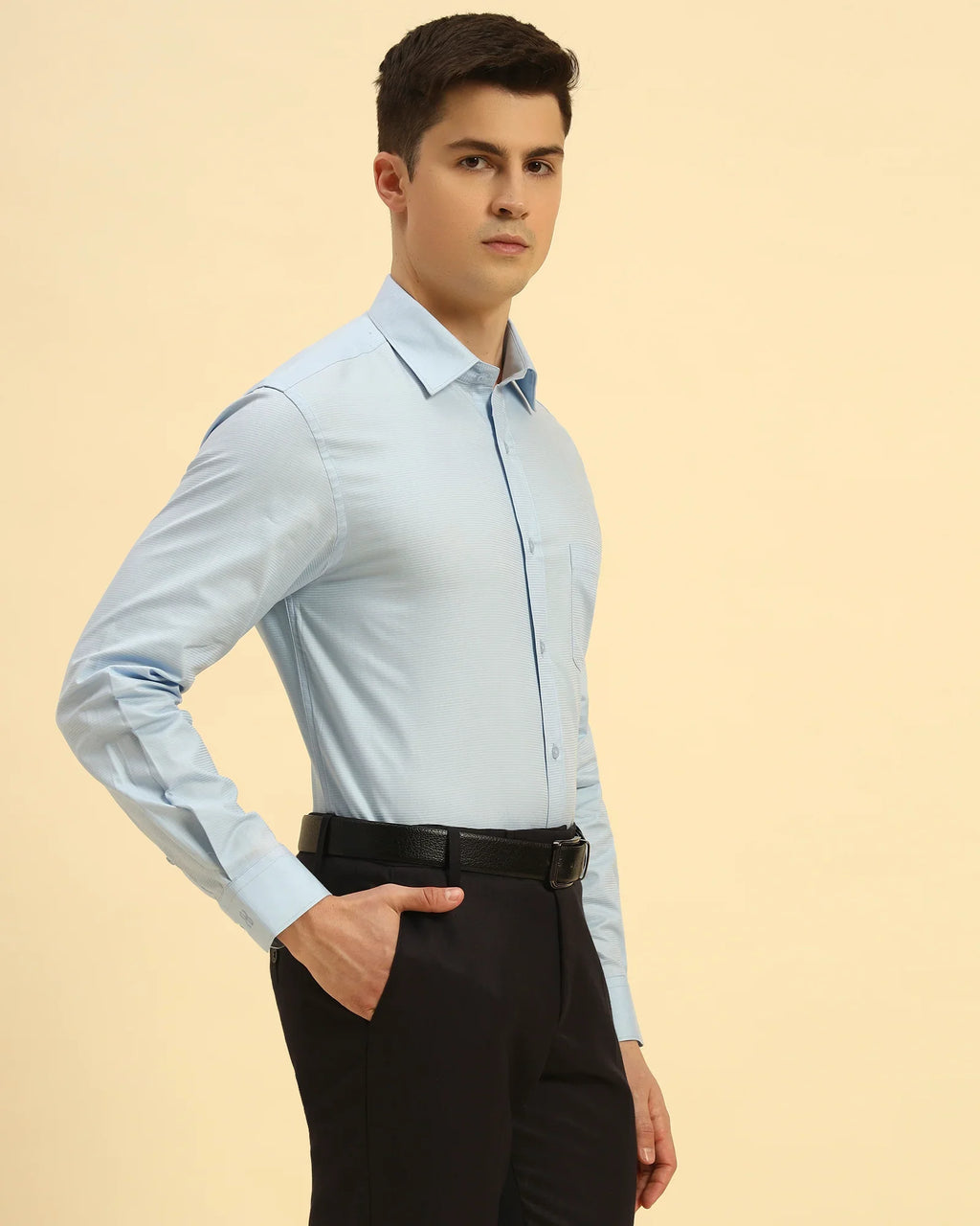 Three-quarter profile of the Men's Sky Blue Aeternum Corded Shirt highlighting the lightweight tailored fit.