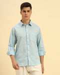 Aeternum Men's Relaxed Fit Italian Cotton-Linen Shirt in Sky Blue - Front view showing the clean button-down design and lightweight fabric