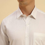 Close-up of the pointed collar and premium Supima cotton fabric on the Aeternum Men's White Shirt.