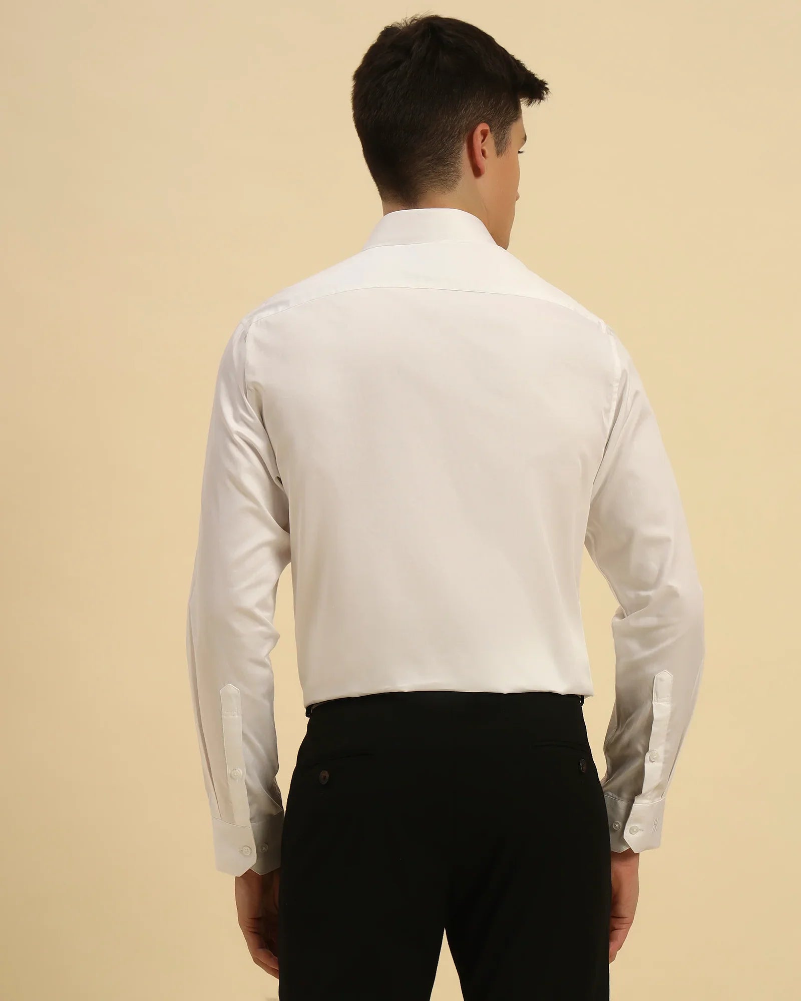 Back view of the White Aeternum Men's Giza Cotton Satin Shirt demonstrating the clean shoulder line and structured fit