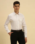 Aeternum Men's Classic Fit Giza Cotton Satin Shirt in White - Front view showing the luxurious smooth finish and tailored fit