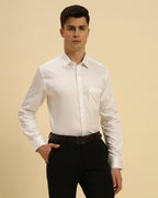 Aeternum Men's Classic Fit Giza Cotton Satin Shirt in White - Front view showing the luxurious smooth finish and tailored fit