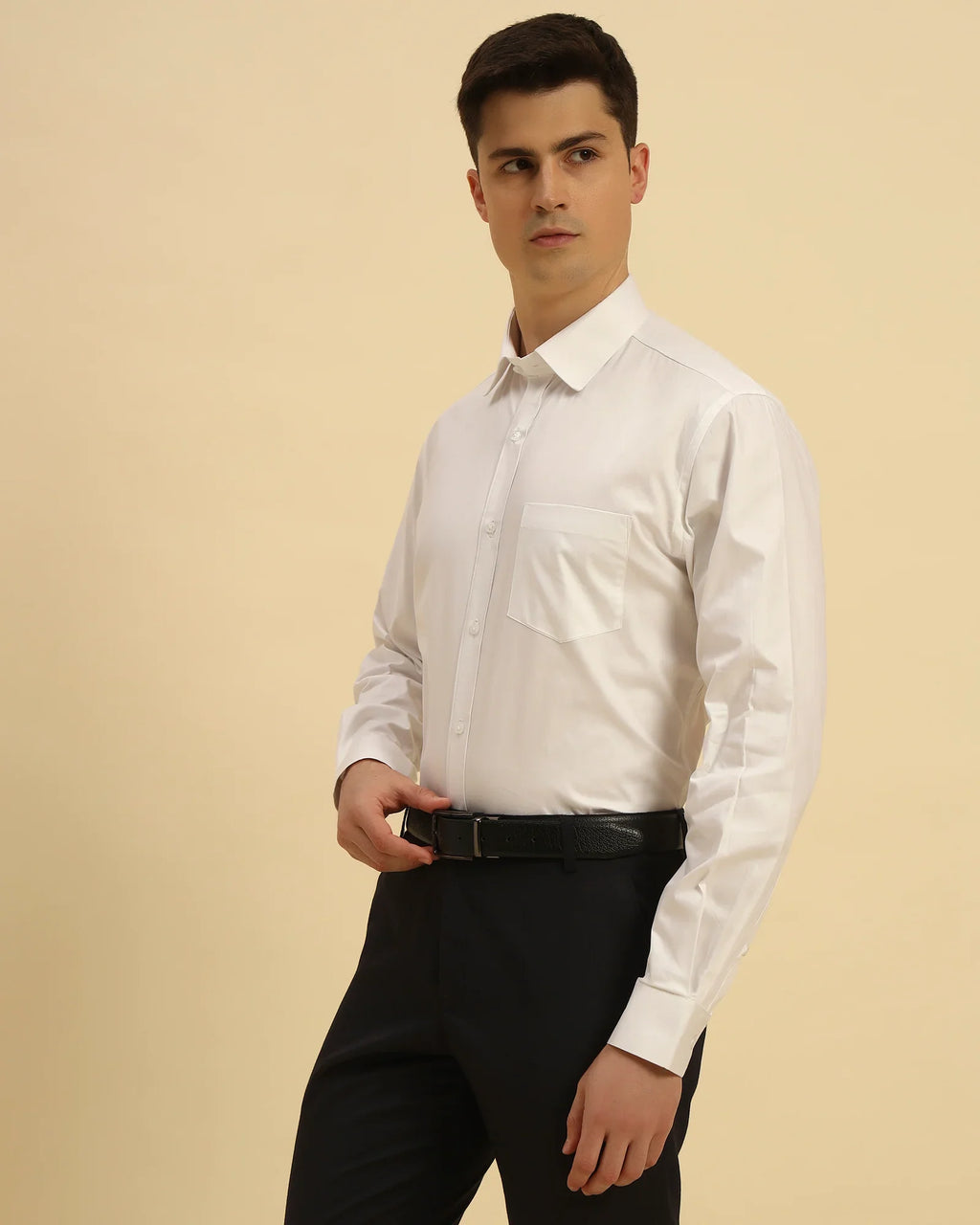 Three-quarter profile of the Men's White Aeternum Oxford Cotton Shirt highlighting the clean, tailored fit.