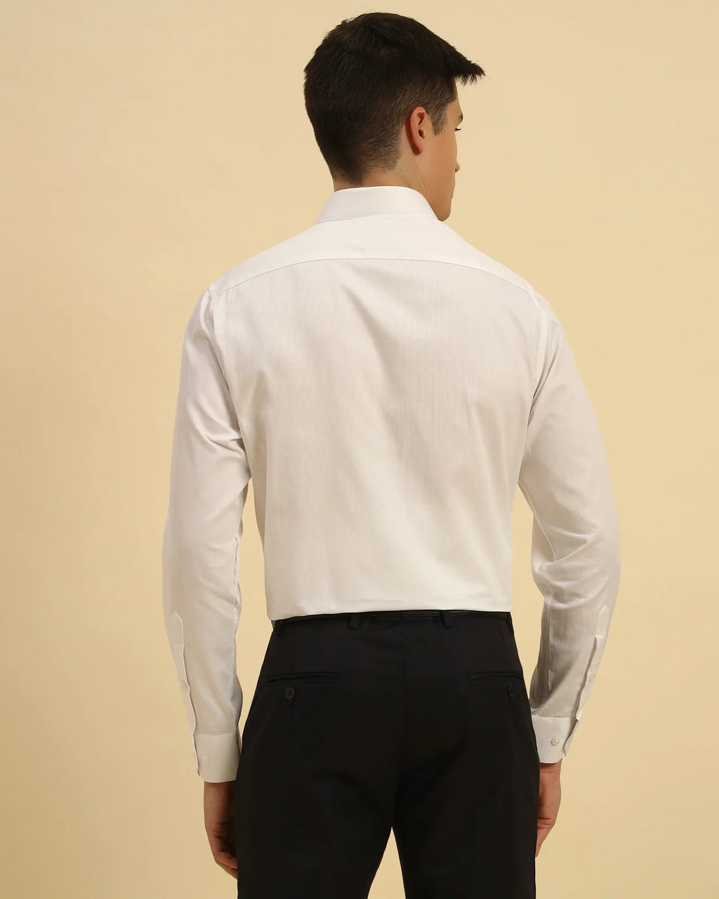 Back view of the White Aeternum Men's Supima Cotton Shirt demonstrating the structured shoulder line and clean fit.