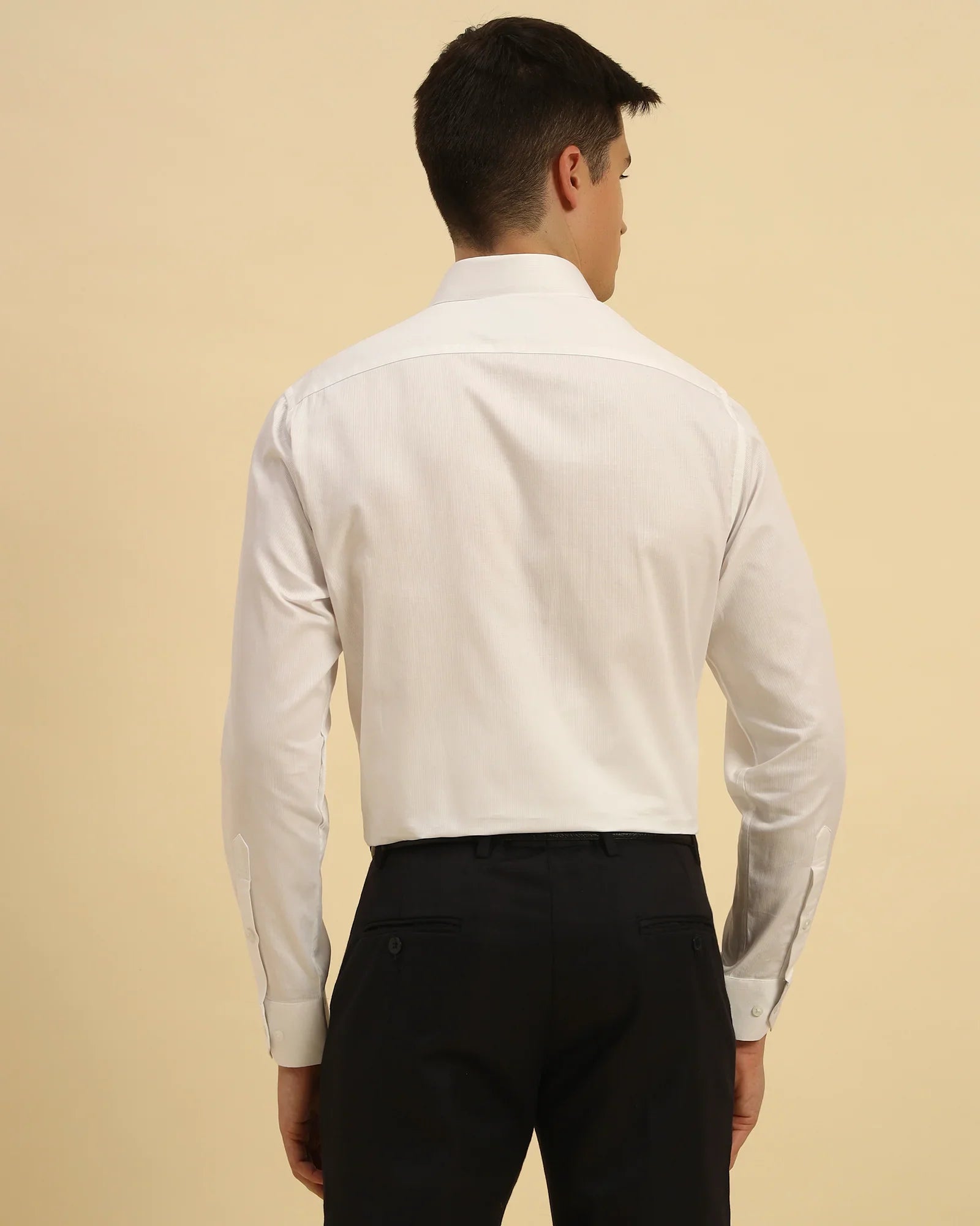 Back view of the White Aeternum Men's Supima Cotton Shirt demonstrating the structured shoulder line and clean fit.