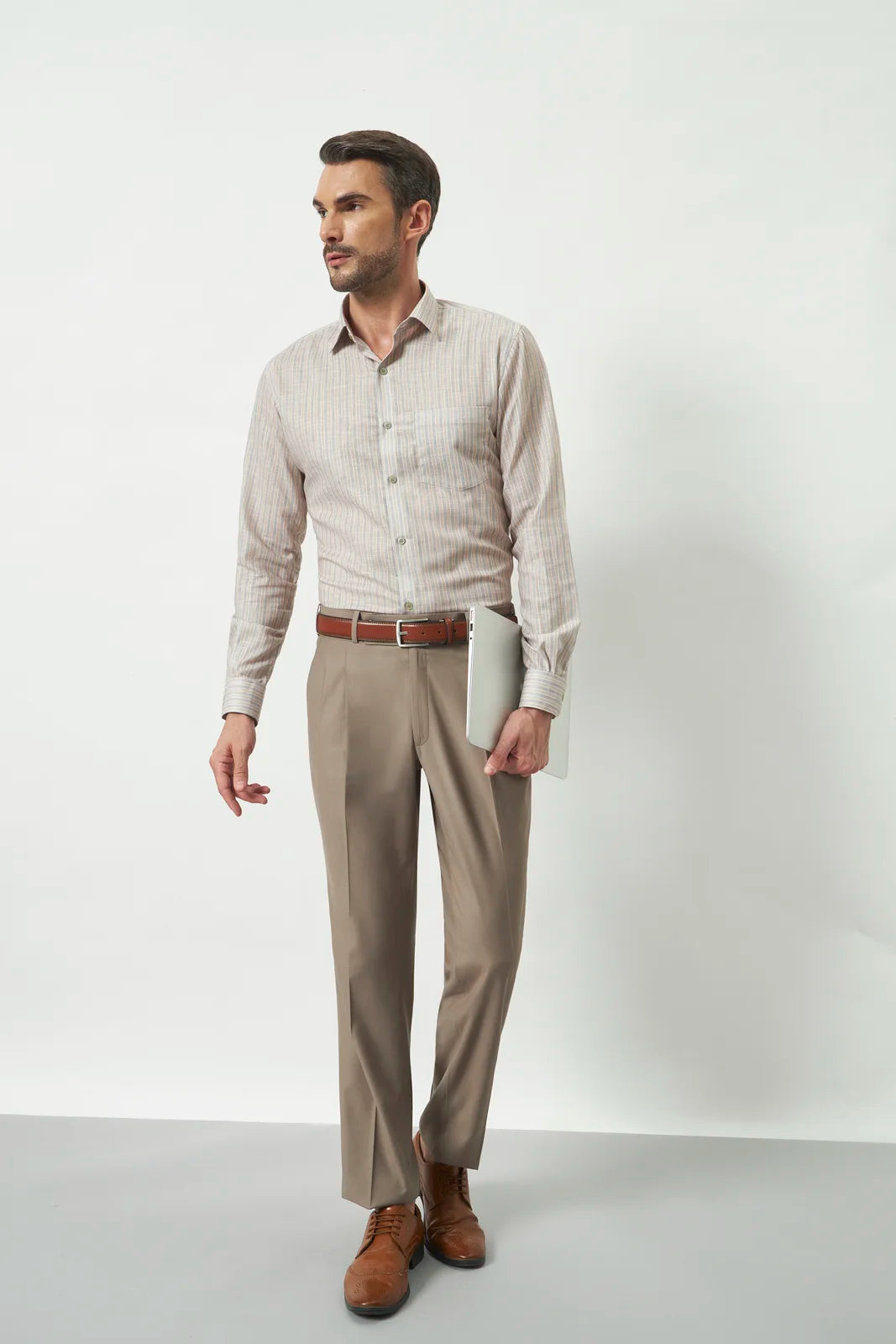 Classic Fit Striped Poly-Viscose Shirt | Yellow-Grey