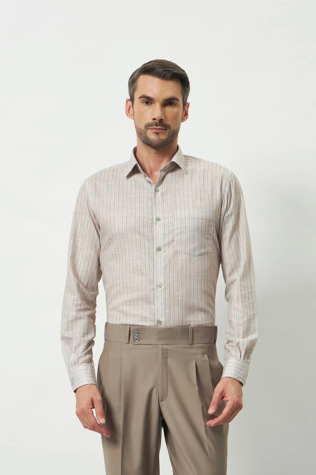 Classic Fit Striped Poly-Viscose Shirt | Yellow-Grey
