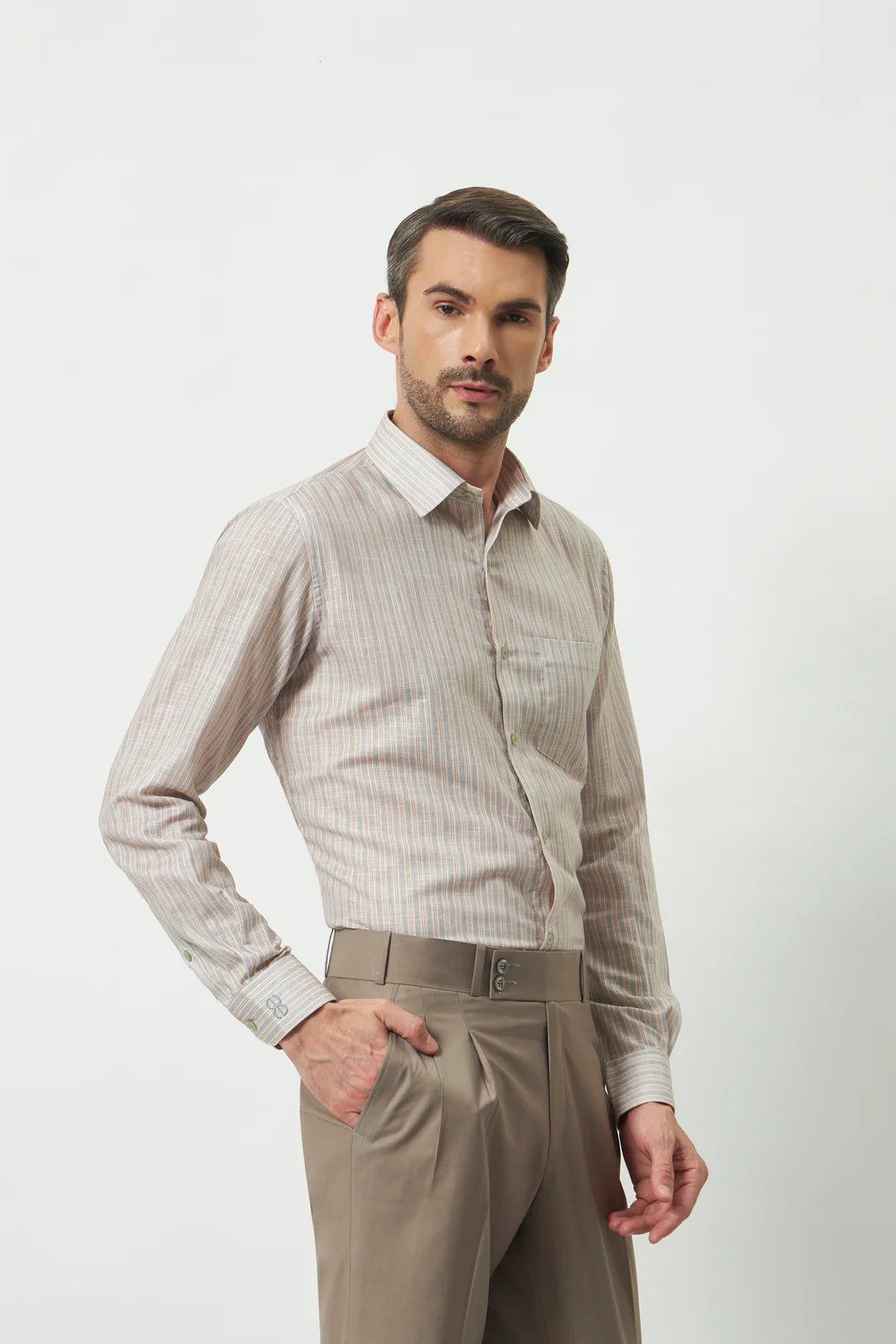Classic Fit Striped Poly-Viscose Shirt | Yellow-Grey