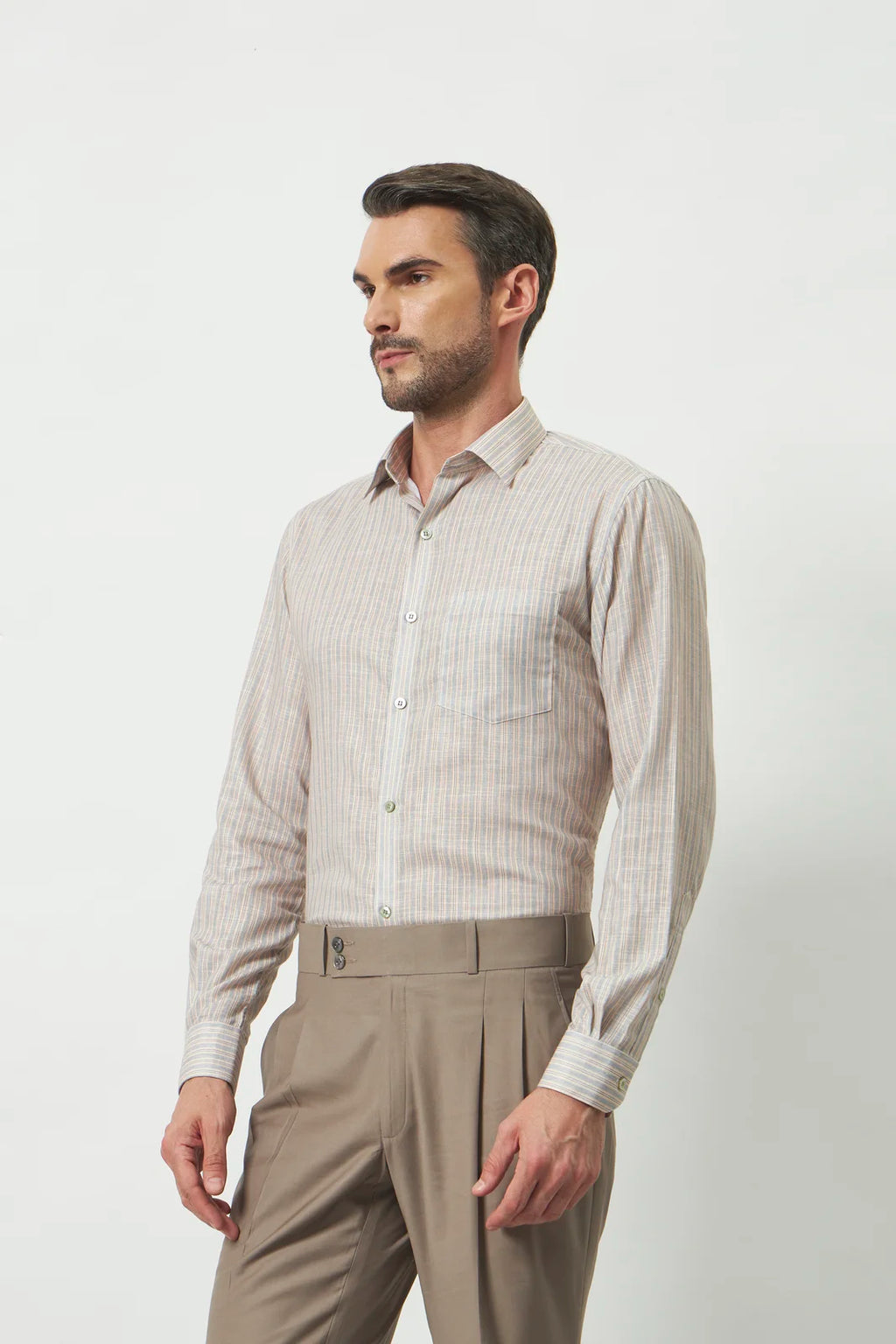 Classic Fit Striped Poly-Viscose Shirt | Yellow-Grey